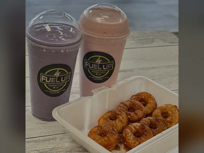 Two Fuel Up blended drinks next to an order of seven baked mini protein donuts in Bolingbrook, IL