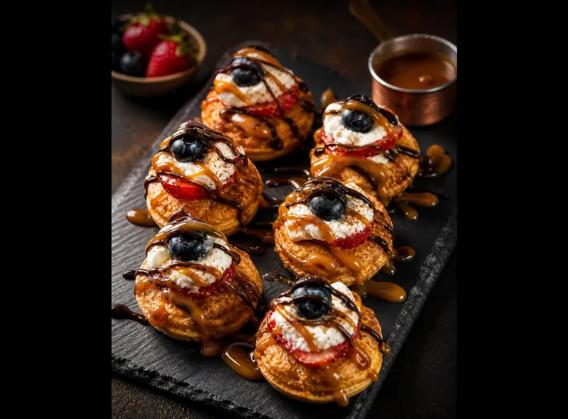 Deluxe protein donuts stacked with strawberries, bananas, blueberries, whipped cream and sugar-free drizzle at Fuel Up Energy Cafe in Bolingbrook