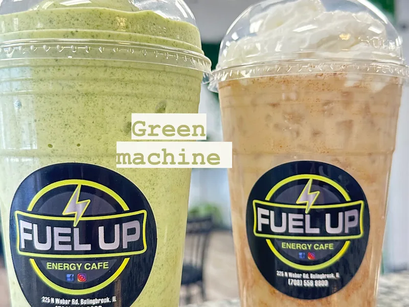 A Green Machine smoothie and a Chai latte in Fuel Up cups at Fuel Up Energy Cafe in Bolingbrook, IL