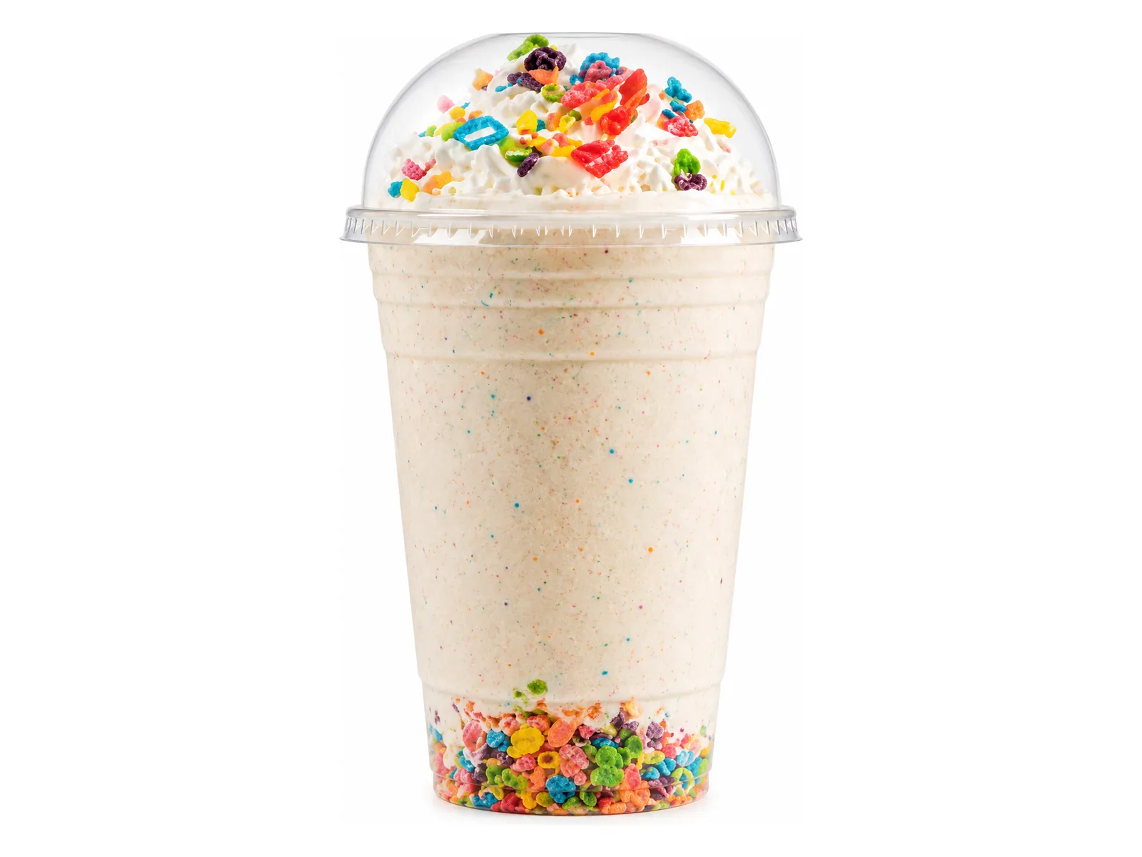 Mini Fruitty Pebbles kids' shake topped with whipped cream and fruity cereal