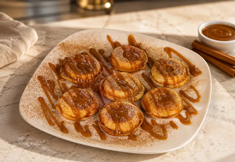 Plate of seven mini protein donuts dusted with cinnamon and drizzled with sugar-free caramel at Fuel Up Energy Cafe in Bolingbrook, IL