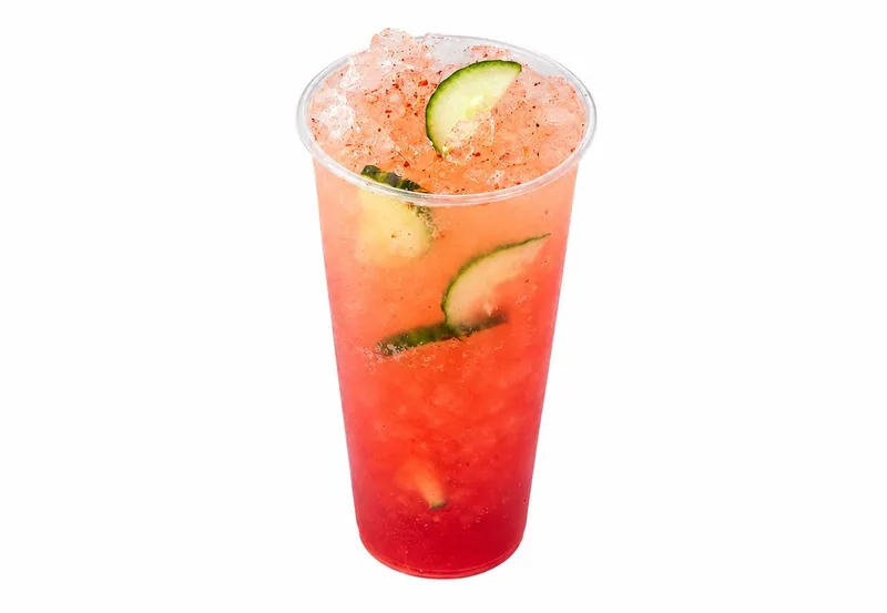 Watermelon Cucumber LIT TEA with a Tajín rim and cucumber wheels at Fuel Up Energy Cafe in Bolingbrook